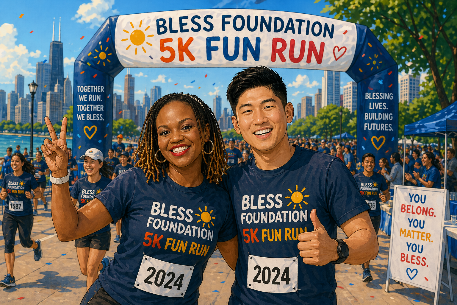 Two Bless Foundation runners celebrating under the finish banner with the Chicago skyline behind