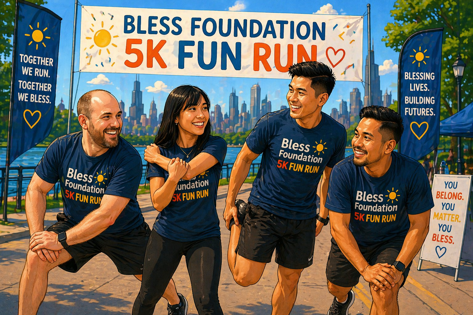Four Bless Foundation runners warming up together before the 5K