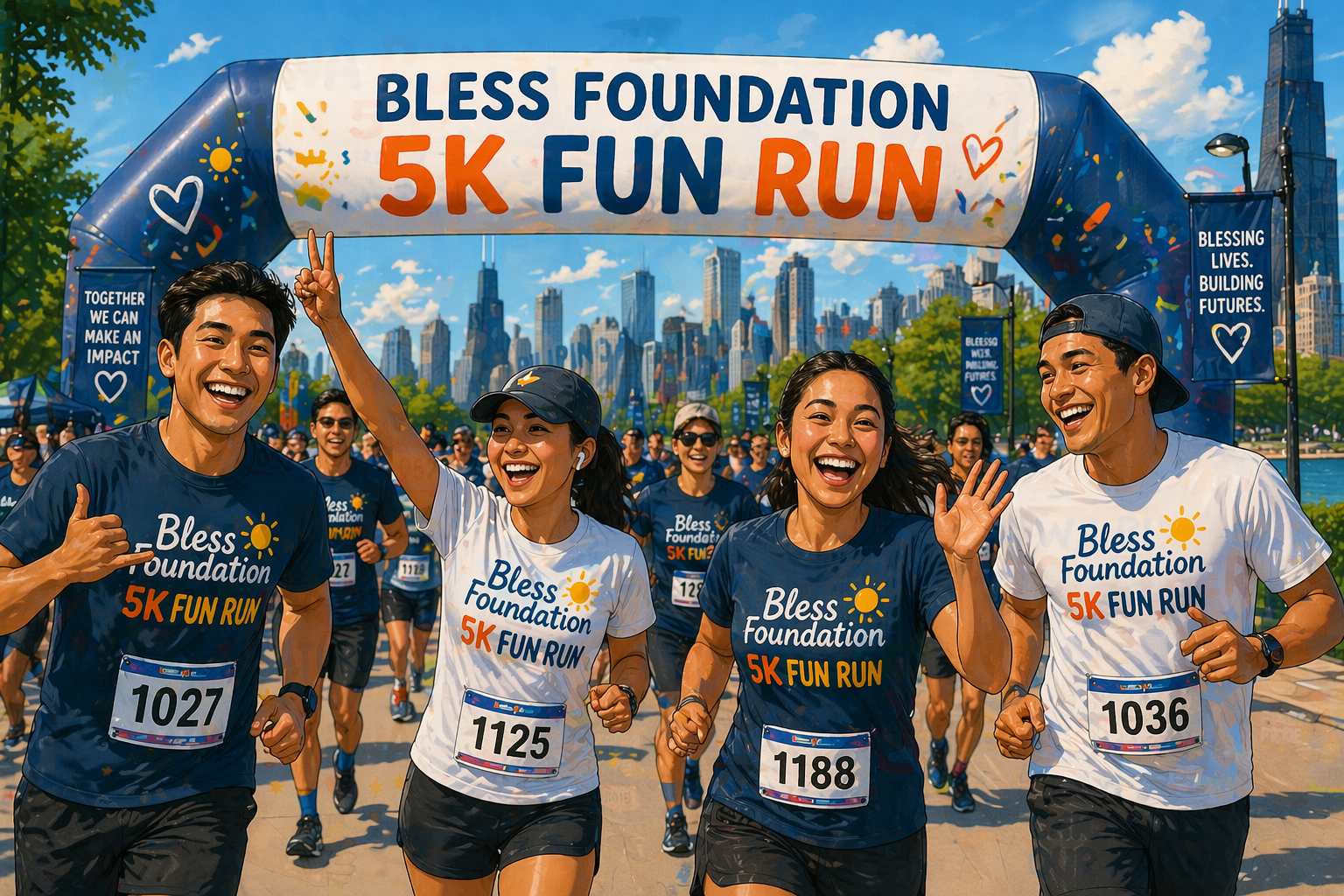 Group of runners in Bless Foundation shirts warming up under the finish banner