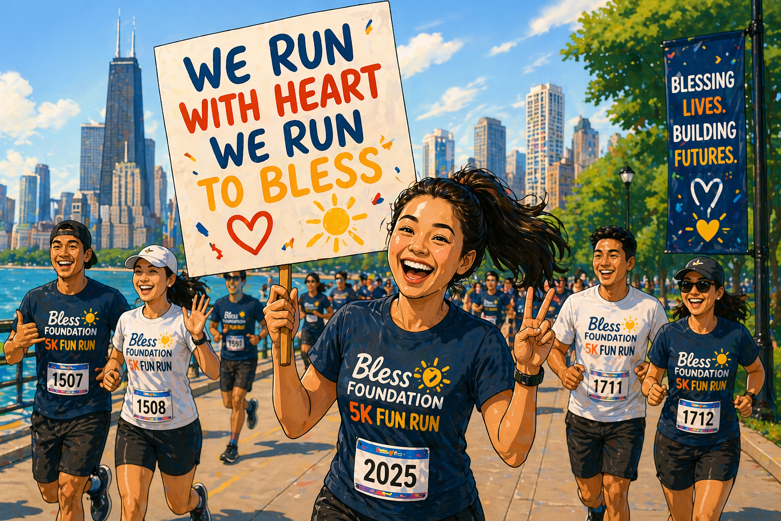 Runner with a 'We run with heart, we run to bless' sign on the lakefront
